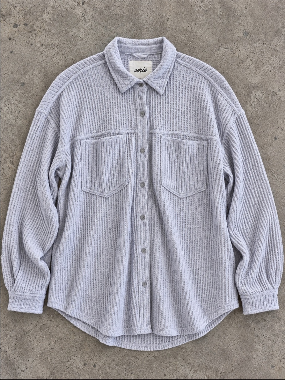 Aerie Waffle Knit Oversized Button Down Shirt Shacket Gray NEW